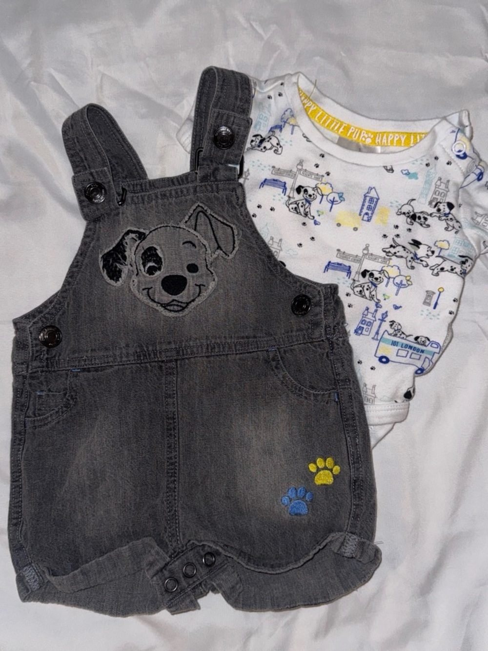 Gray 101 Dalmatians Overalls with Puppy Print Bodysuit